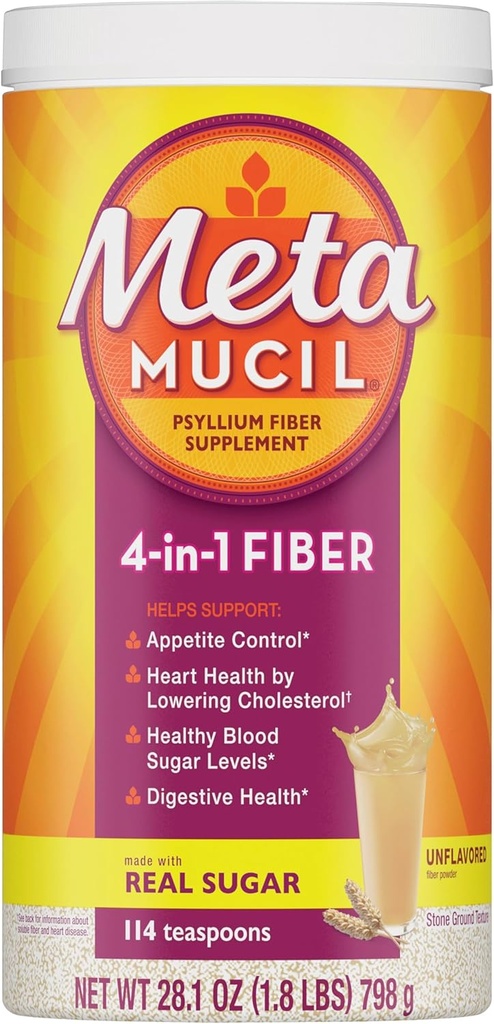 Metamucil, Psyllium Husk Powder, Unflavored Original Texture, with Sugar, 114 Servering, 4-in-1 Fiber Supplement, Daily Psyllium Husk Fiber Powder Hjælp Støtte fordøjelsessygdomme ved at fremme regelmæssighed *
