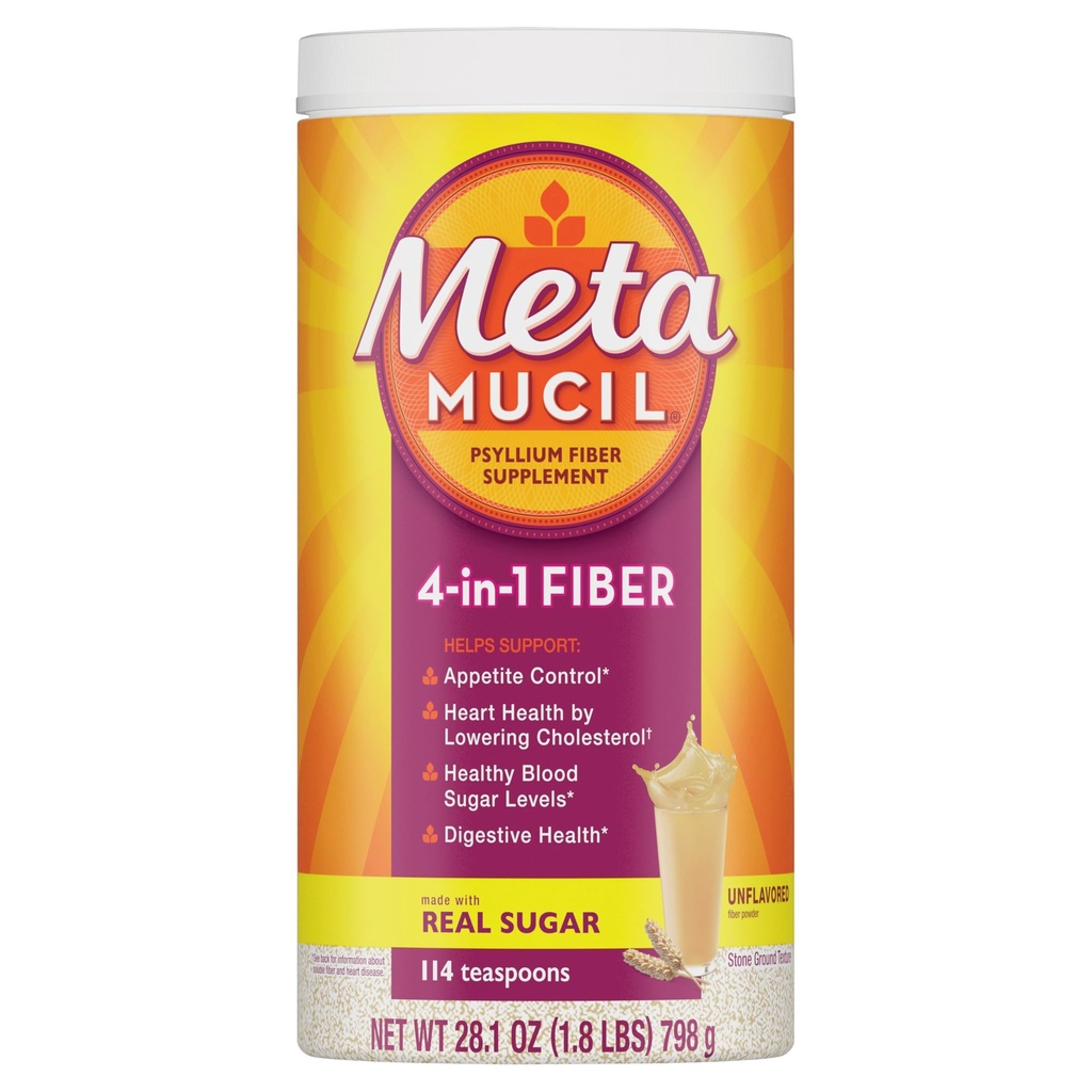 Metamucil, Psyllium Husk Powder, Unflavored Original Texture, with Sugar, 114 Servering, 4-in-1 Fiber Supplement, Daily Psyllium Husk Fiber Powder Hjælp Støtte fordøjelsessygdomme ved at fremme regelmæssighed *