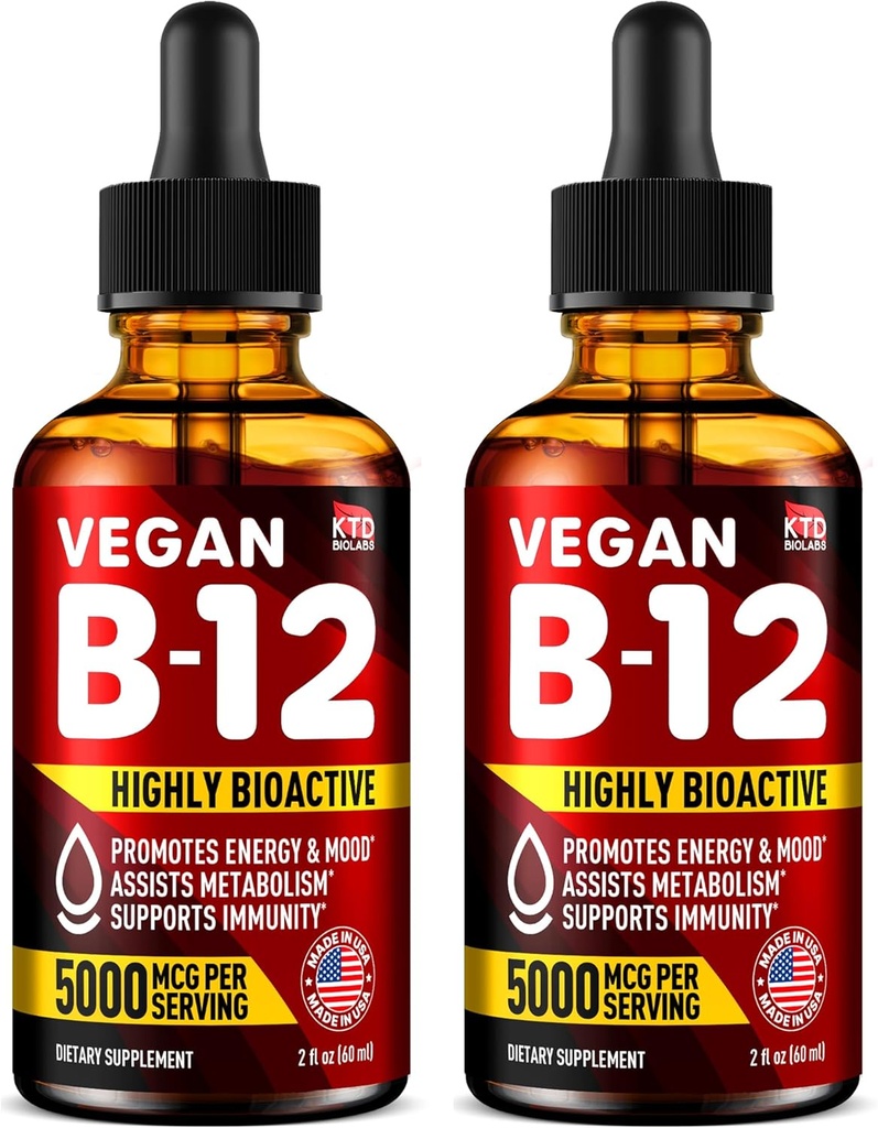 Pakke af 2 - B12 Sublingual 5000 mcg dråber - Made in USA - Vegan B12 Vitaminer for energi, Mood & Memory - Meget biotilgængelige Sublingual Drops - Methylcobalamin for kvinder & mænd - 2 fl. oz.