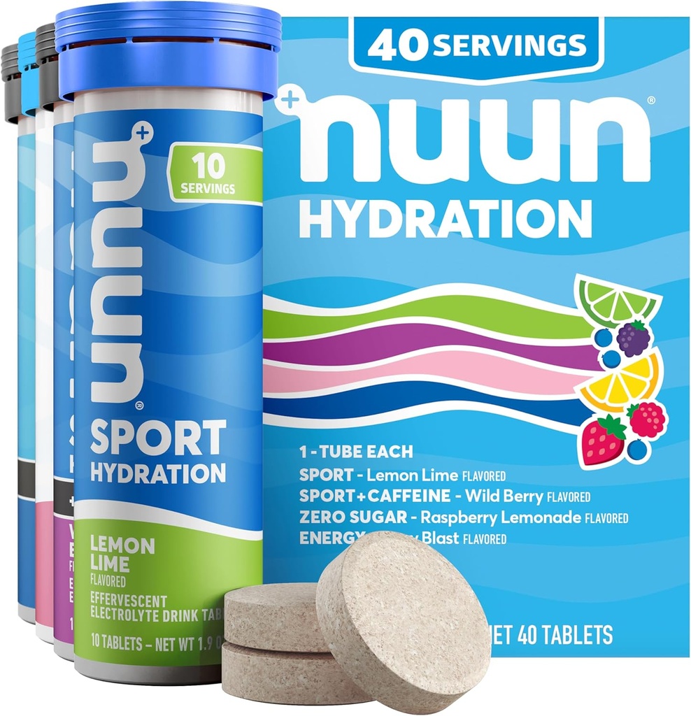 Nuun Hydration Electrolyte Tablets - Natrium, Kalium, Chlorid, Calcium, Magnesium, 1g & 0g Sugar Drink Mix 124; Vegan, Gluten Free, Non- GROMLE 124; Complete Pack, Mixed Flavors, 4 Pack (40 Total Servering)