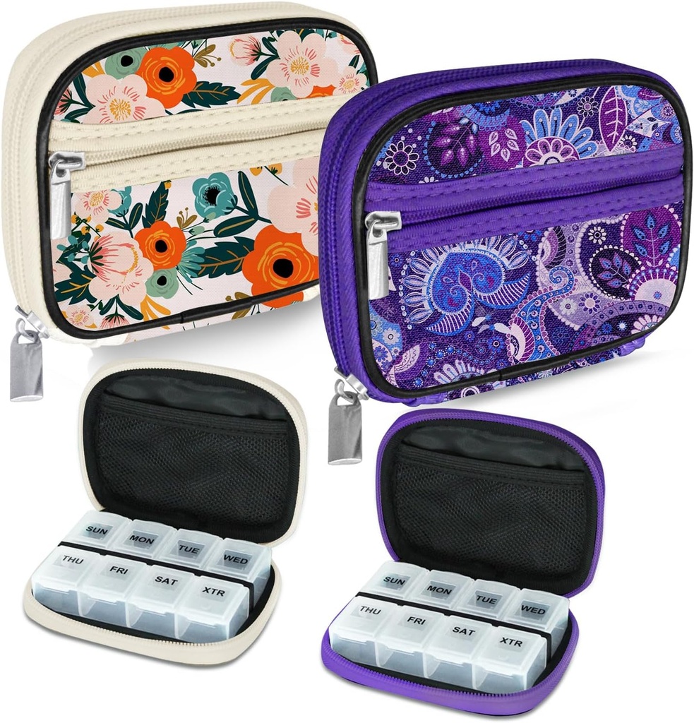 Serfeymi Weekly Travel Pill Organizer Pill sag for Purse med Aftagelig 7 Day Pill Box, Fashionable Travel Medicine Organizer Pill Container for Medicine, Vitamin, Supplement - Bloom 01 + Purple 01