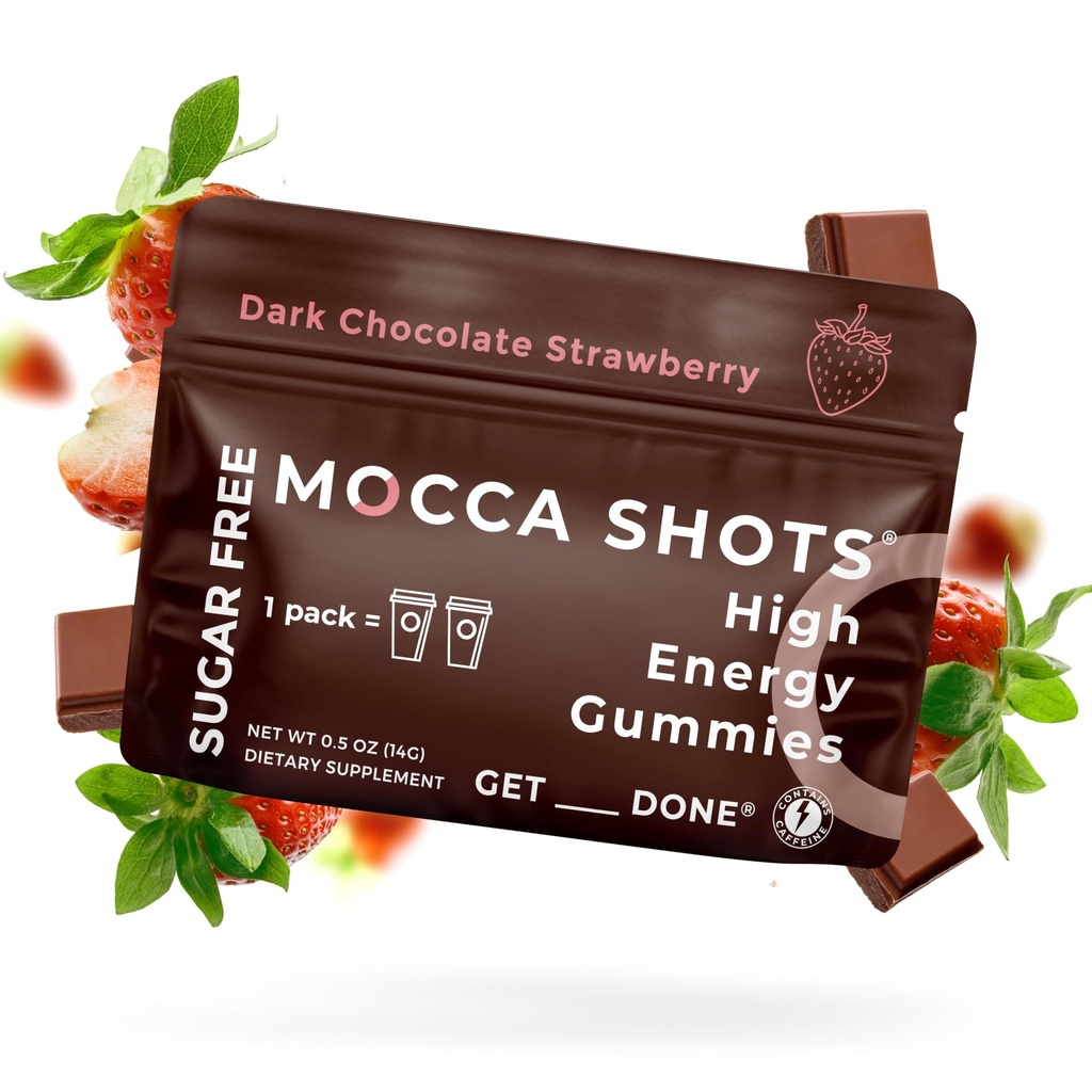 SGC Højeste koncentration 100mg koffein pr Gummy, 2 Gummies pr Pack, 6 -Pack Mocca Shots Sugar- Free Strawberry Plant- Based nootrop Instant Energy med Ginkgo biloba, Theobromin.