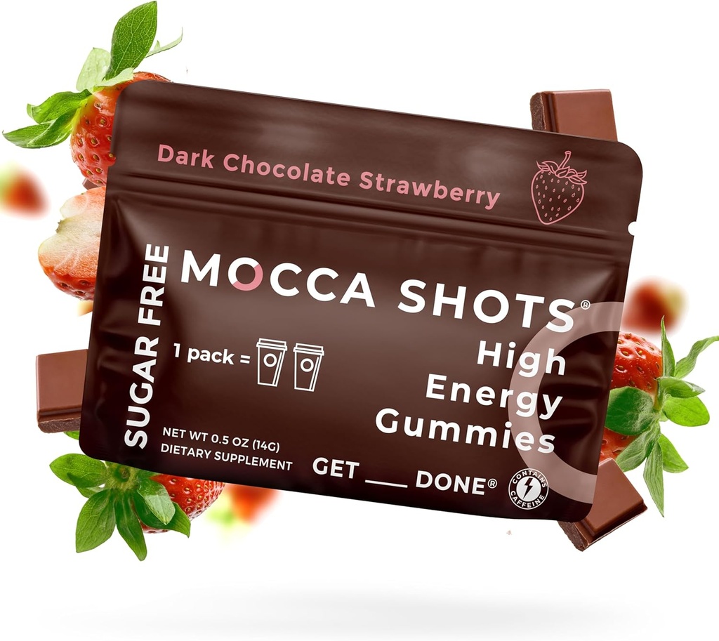 SGC Højeste koncentration 100mg koffein pr Gummy, 2 Gummies pr Pack, 6 -Pack Mocca Shots Sugar- Free Strawberry Plant- Based nootrop Instant Energy med Ginkgo biloba, Theobromin.