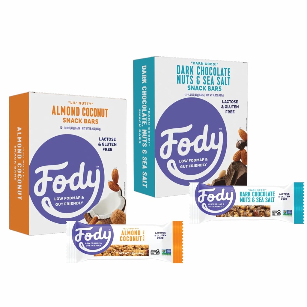 Fody Foods Snack Bars Variety Pack, 1.41 Oz (Pack of 24), Mandel Coconut & Dark Chocolate Nuts & Sea Salt, Protein Bars, Low FODMAP, Gut & IBS Friendly, Vegan, Lactose Free, Non-GMO, Gluten Free