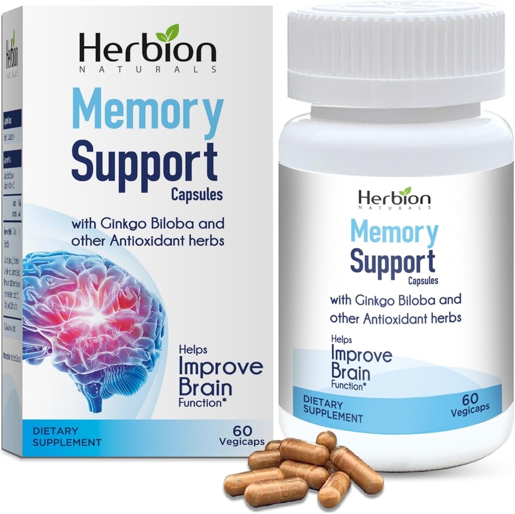 HERBION Naturals Memory Support Kapsler, Hjælper Forbedre hjernefunktion & Fravset Mindness, vedligeholder sunde Mood Niveauer med Ginkgo Biloba, for voksne, 60 Greve, pakke med 1