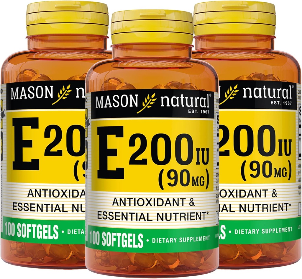 MASON NATURAL Vitamin E 90 mg (200 IE) - Antioxidant og essentiel ernæring, sundt immunsystem, hud og øjne, helkropstillæg, 100 Softgels (pakning med 3)