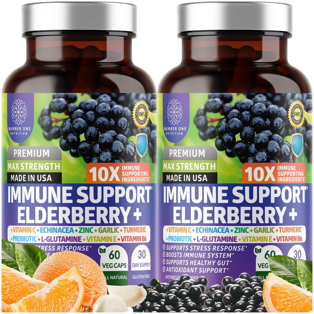 2 Pack N1N Premium 10 i 1 immunforsvar supplement [10 Potent Ingredienser] med Elderberry, C-vitamin, zink, Echinacea, gurkemeje Curcumin, hvidløg og probiotika til voksne, 120 Veg Caps