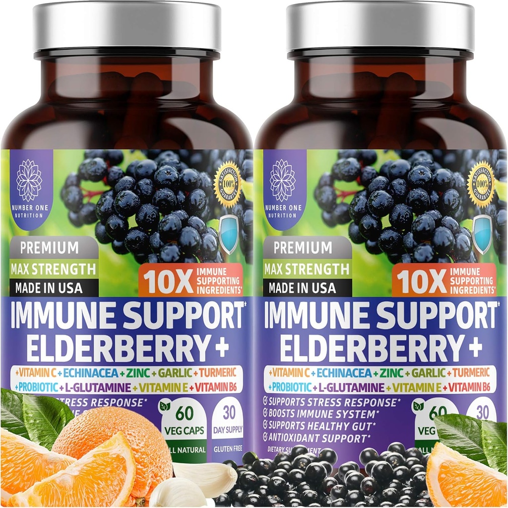 2 Pack N1N Premium 10 i 1 immunforsvar supplement [10 Potent Ingredienser] med Elderberry, C-vitamin, zink, Echinacea, gurkemeje Curcumin, hvidløg og probiotika til voksne, 120 Veg Caps