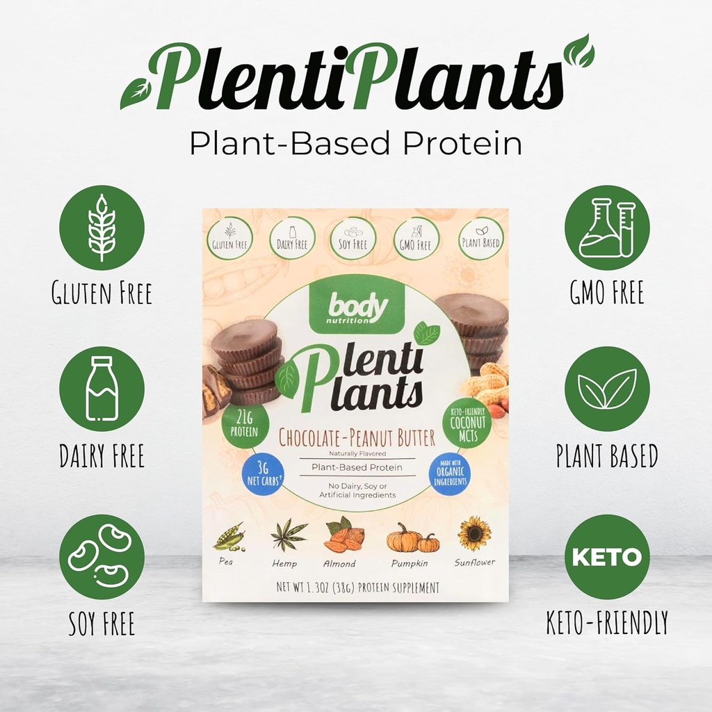 Body Nutrition PlentiPlant Based Protein Powder, Dairy- Free Protein Uden Soy eller kunstige ingredienser, naturligt Smaget Organisk Plant Protein Shake, Chokolade Peanut Butter, 38 g