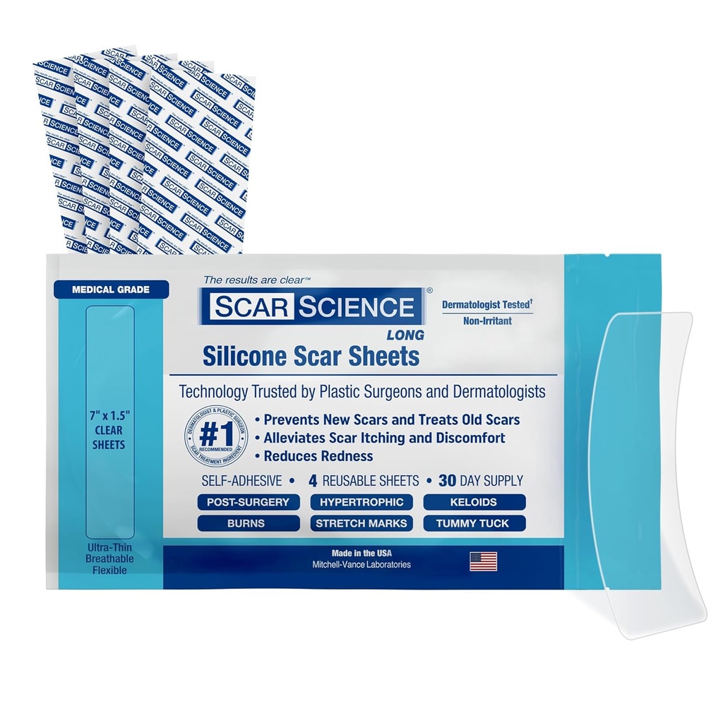 Medical Grade Silicone Scar Sheets - 7 "Genanvendelige vand- resistent Silicone Tape til Scars - Clear Breathable Tape til C- sektion, Tummy Tuck, Kirurgiske Scars, og Keloider - 4 -Pack