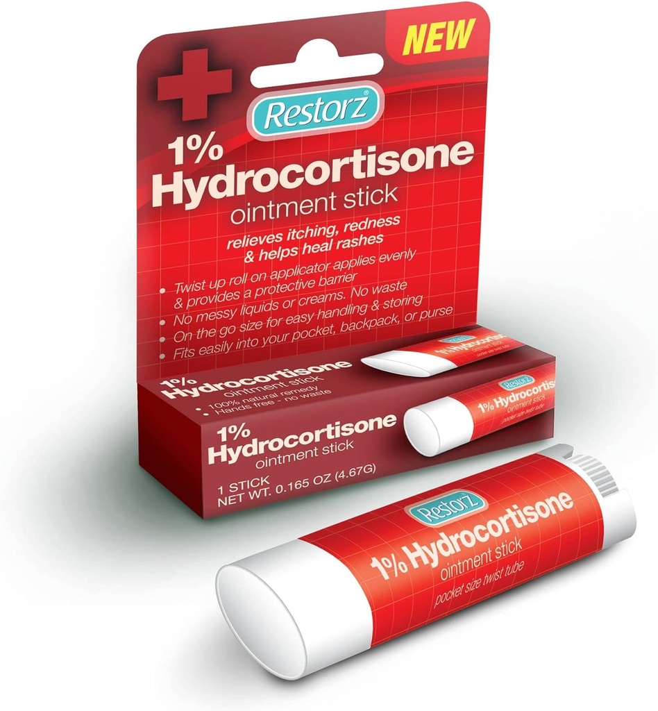 Restorz Hydrocortison 1% Cream Treatment Stick (1 Pack) - Ingen Mess Travel Size Salve Applicator for Gentle Support / Portable & Easy to Use / Fast Actioning Relief for Itches, Bites, Rødme & udslæt
