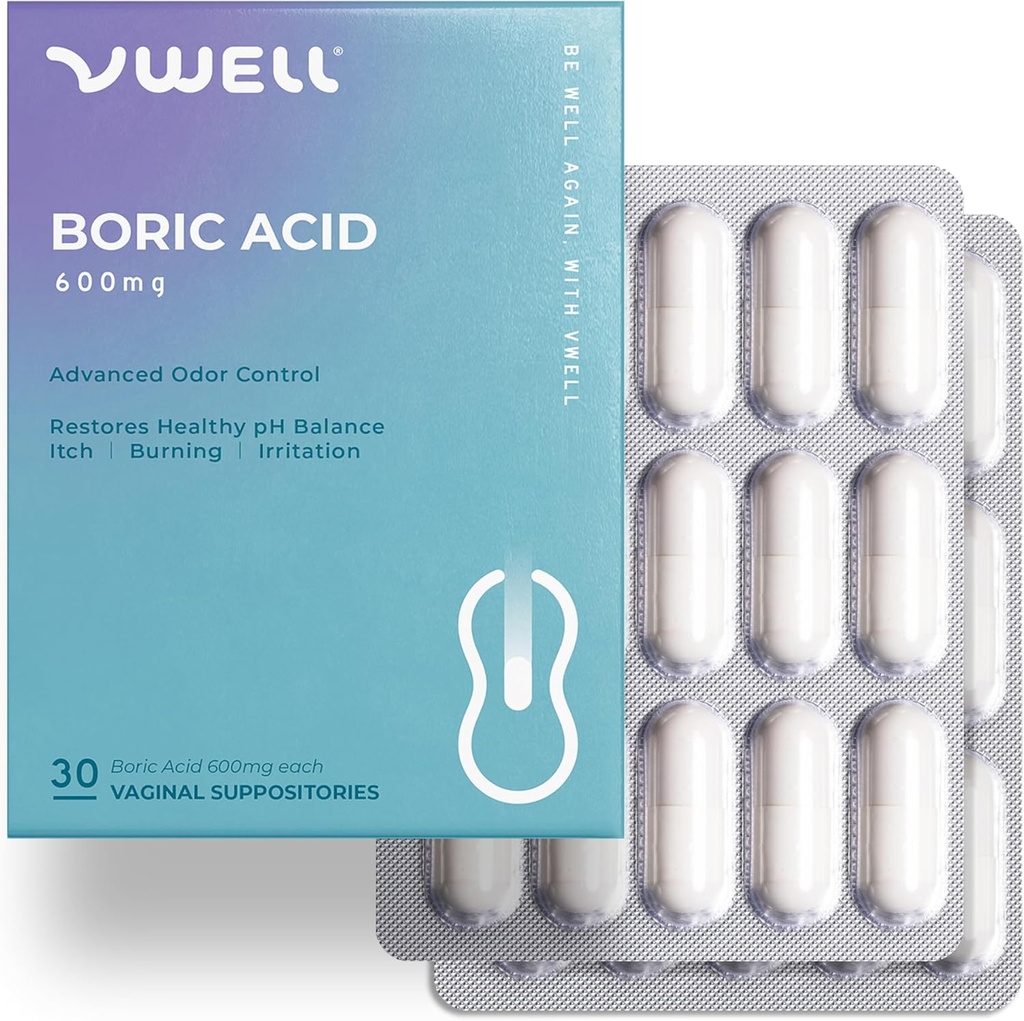 VWELL Boric Acid Vaginal supppositorier - vedligeholder og Balancer sund vaginal pH & Microbiome til at administrere odor Itch Burning Irritation Intimacy - Læger anbefales (One Size, 30, Greve)
