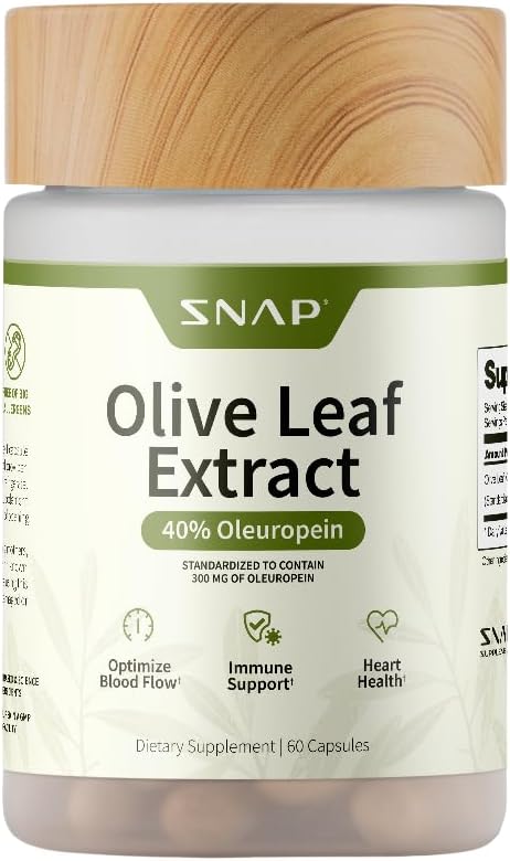 Snap Kosttilskud Olive Leaf Extract Kapsler - Super Strength 40% Oleuropein for Blood Flow Support, Forbedre fordøjelsen, Antioxidant Boost supplement, Forbedre hjerne funktion (60 Kapsler)