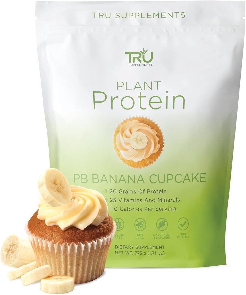 TRU Plant Based Protein Powder, BCAA, EAA, 20g Vegan Brown Rice & Pea Protein, 100 kalorier, 27 Vitamin, Ingen kunstige Artiskokker 25 Servere (Peanut Butter Banana Cupcake)