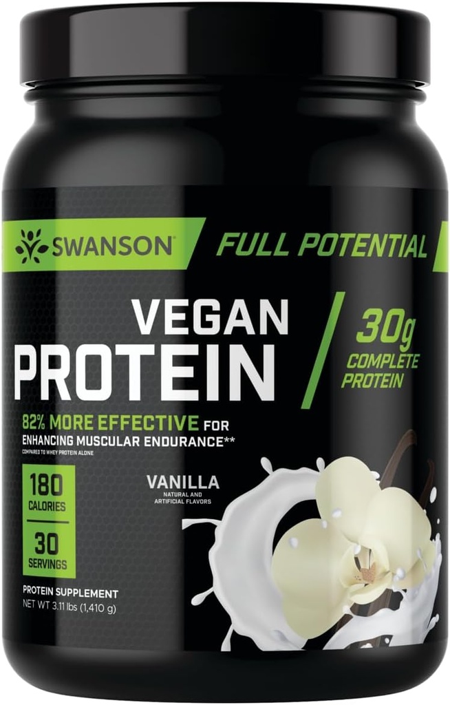 Swanson Full Potential Vegan Protein - Vanilla Flavor, Hele Vegan Protein Powder for Muscle Building and Recovery - 30 g