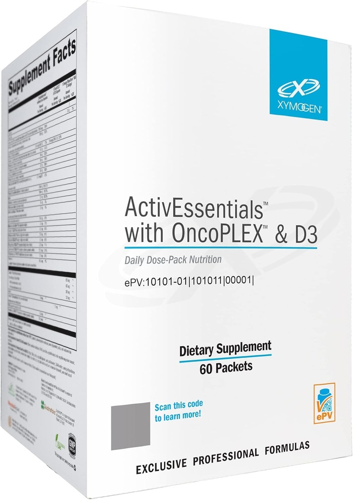 XYMOGEN ActivEssentials with OncoPLEX & D3 - Daily Dose Pack Nutrition with 3 Supplements - ActivNutrients Multivitamin Without Iron, 2000 IU Vitamin D3 & Glucoraphanin, Omega-3 Fish Oil (60 Packets)