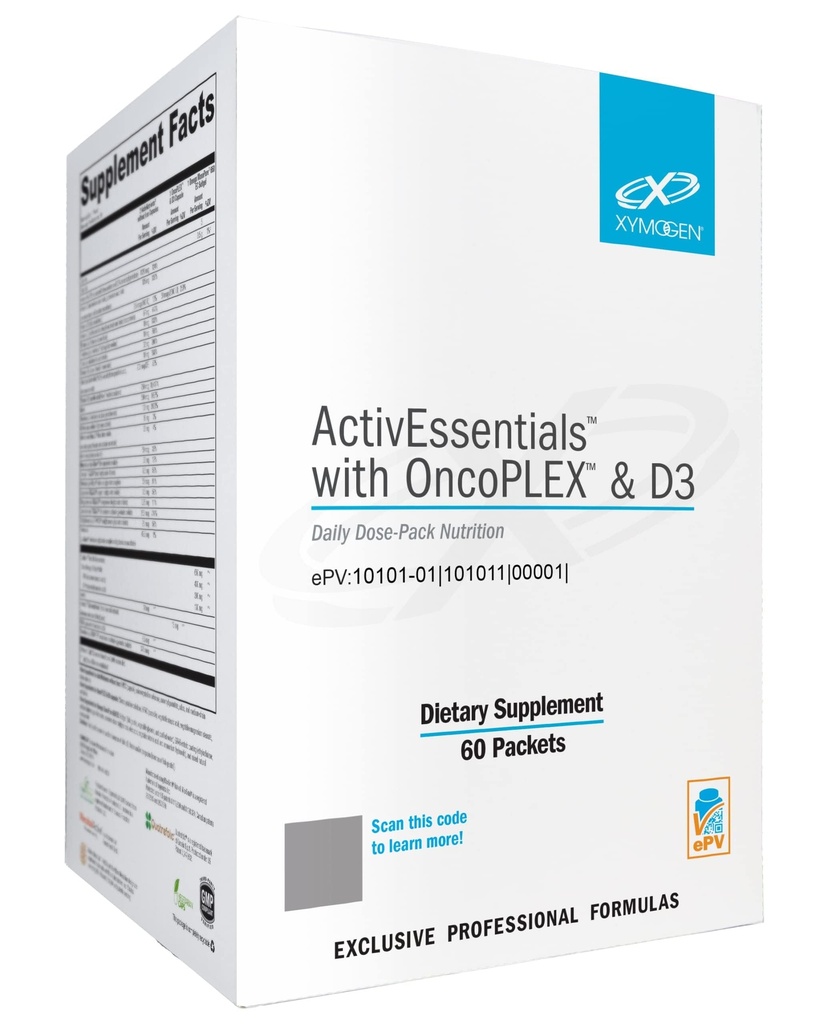 XYMOGEN Activessentials with OncopelX & D3 - Daglig dosis Pack Nutrition med 3 kosttilskud - ActiveNutrients Multivitamin uden jern, 2000 IE D3 & Glucoraphanin, Omega-3 Fish Oil (60 Paks)