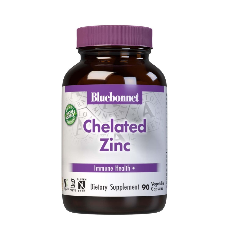 Bluebonnet Nutrition Albion Chelated Zink, For immunforsvar & enzymer funktion *, Soy- Free, Gluten- Free, Non- GMO, Kosher Certified, Dairy- Free, Vegan, 90 Vegetabilske kapsler, 90 Servere