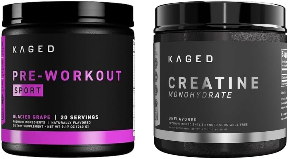 Kaged Pre Sport Pre Workout Powder Glacier Grape Creatin Monohydrat Mikroniseret Powder Bundle, Energy & Muscle Recovery Supplement Pack, 20 Servere Pre- Workout + 100 Servere Creatin
