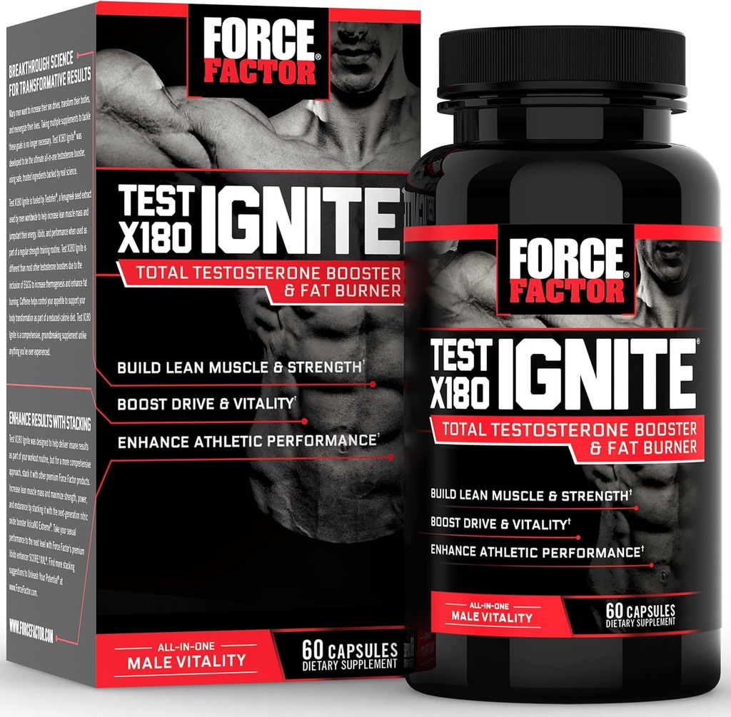 FORCE FACTOR Test X180 Tænding i alt Testosteron Booster for mænd med bukkehorn frø og grøn te ekstrakt til at opbygge Lean Muscle, Boost Energy, og forbedre ydeevne, 60 Greve