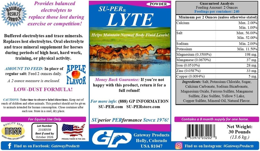 SU- PER Lyte Horse Electrolyte Supplement - Hjælper med at vedligeholde normale kropsvæsker niveauer - Performance Horse Minerals & Electrolytes Erstatning - 30 Pund, 8 Month Supply