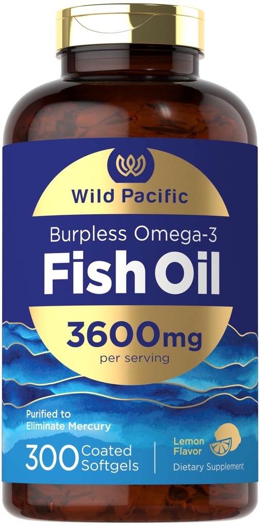Carlyle Burpless Fish Oil 3600 mg • 124; 300 Softgels • 124; med Omega-3 Fedtsyrer • 124; Lemon Flavor • 124; Non- GMO, Gluten Free Supplement • 124; af Vilde Stillehavet