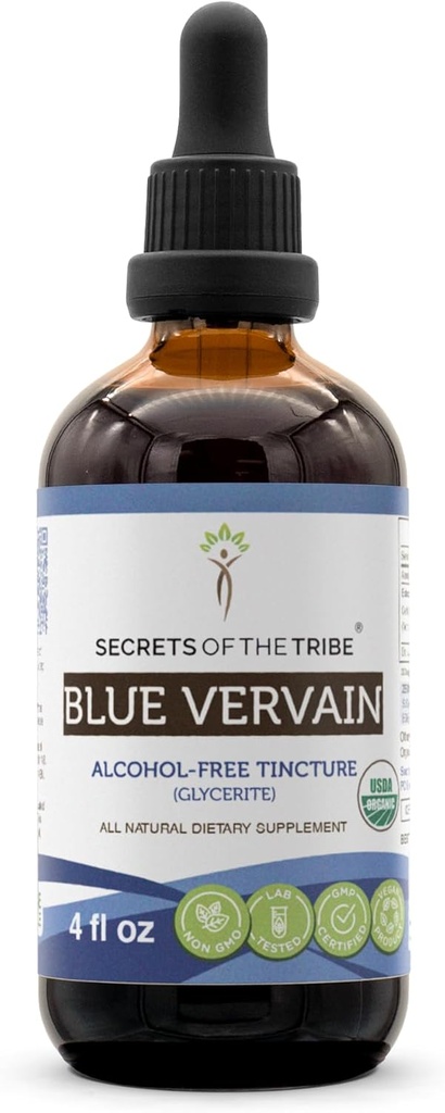 Secrets of the Tribe Blue Vervain USDA Organic Mezzogiorno 124; Alcohol- Free Extract, High- Potency Herbal Drops Mezzogiorno 124; Lavet af 100% Certified Organic Blue Vervain (Verbena Hastata) Tørret Herb (4 oz)
