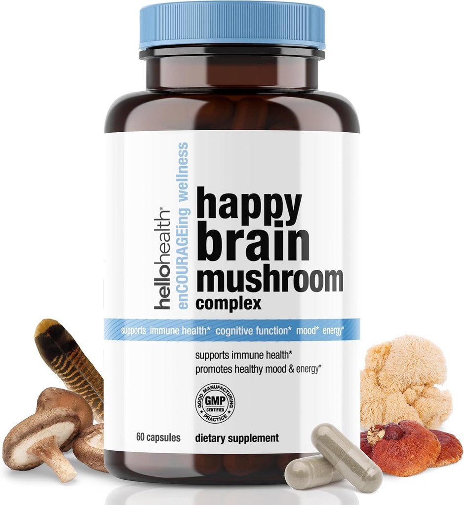 Happy Brain Mushroom Complex Nootropics Brain Support, 10 Mushroom Supplement: Lions Mane, Tyrkiet Tail, Red Reishi, Shiitake Mushrooms for Forbedret Klarhed, Energi, immunforsvar 60ct. 4pk