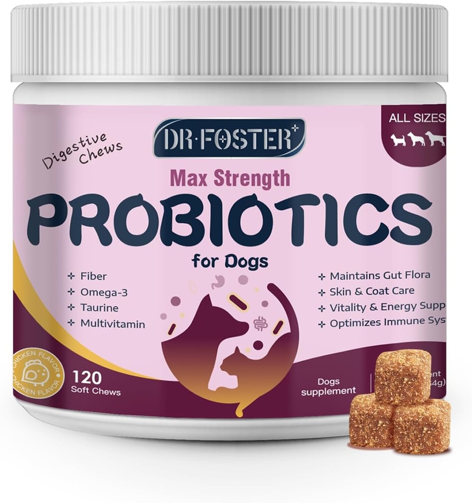 Probiotika til hunde - Hundeprobiotika til fordøjelsessygdomme, Prebiotika, fordøjelsesenzymer til hunde med græskar, Omega-3, Support Gut, Immun, Diarré, 120 bløde tygger