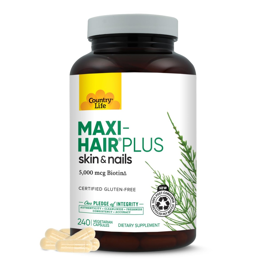 Country Life, Maxi- Hår Plus biotin, understøtter sundt hår, hud og negle, dagligt tillæg, 240 ct