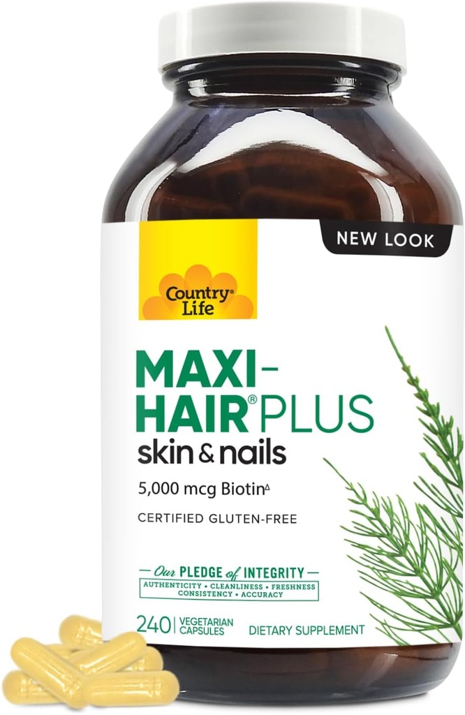 Country Life, Maxi- Hår Plus biotin, understøtter sundt hår, hud og negle, dagligt tillæg, 240 ct