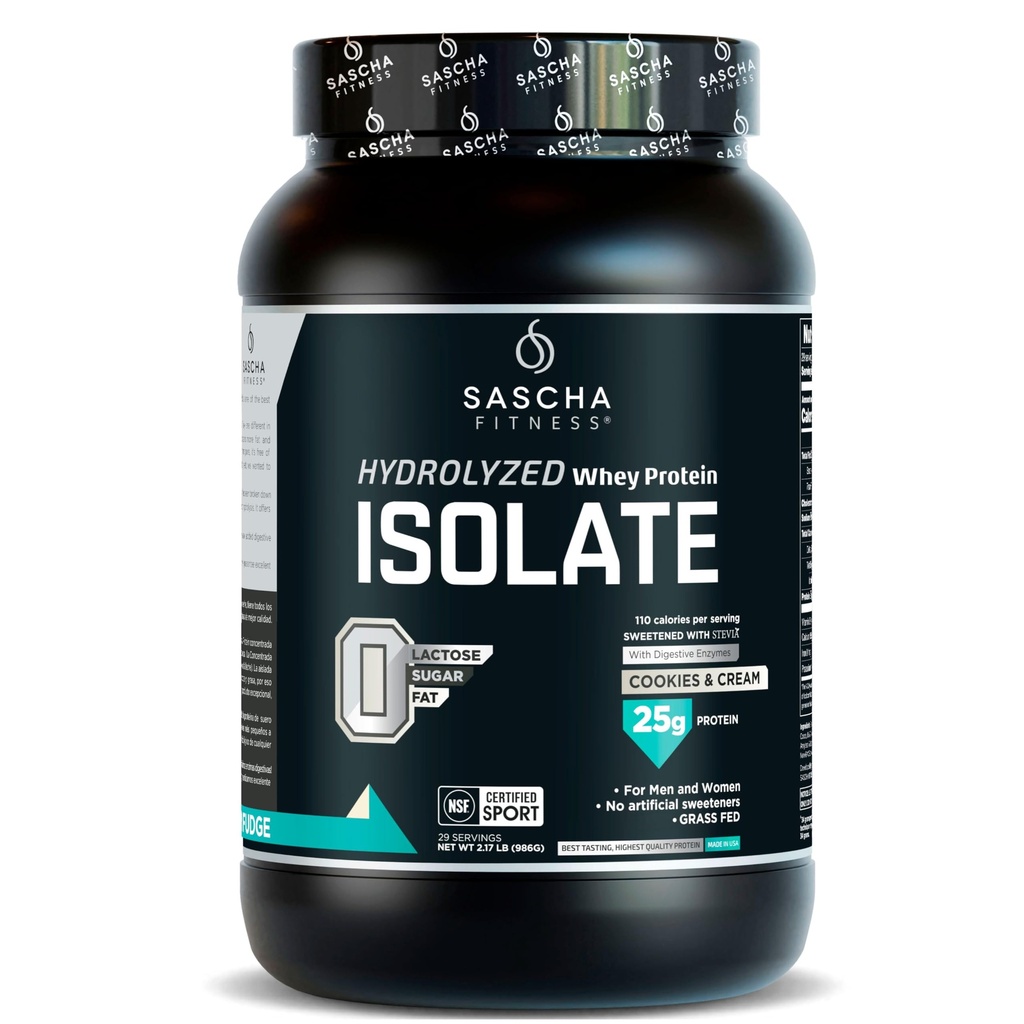 SASCHA FITESS Hydrolyzed Whey Protein Isolate, 100% Grass- Fed (2 Pounds, Cookies & Cream)