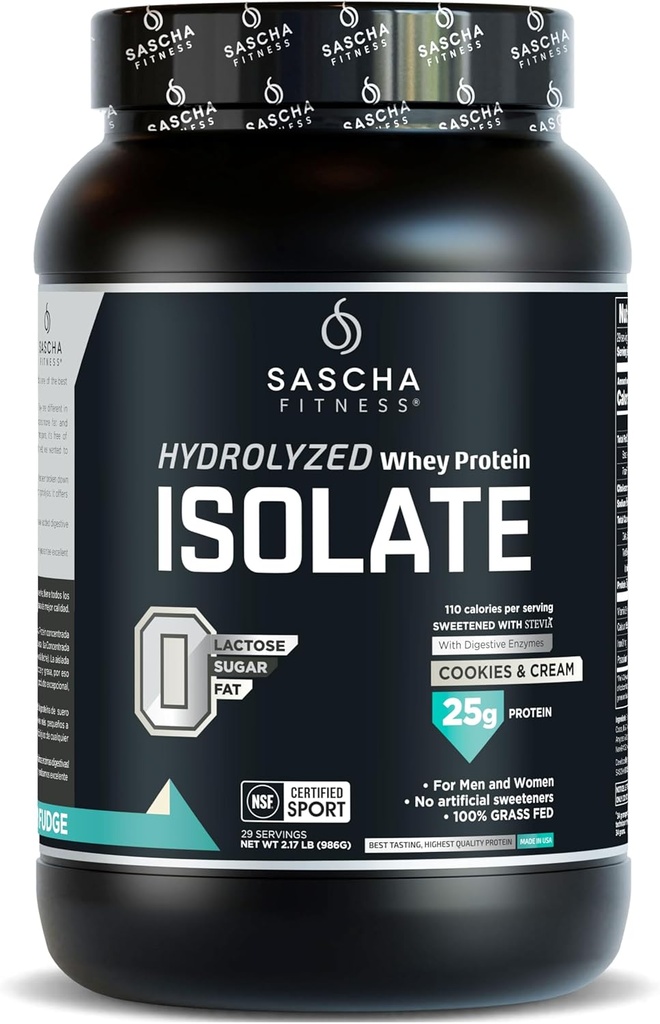 SASCHA FITESS Hydrolyzed Whey Protein Isolate, 100% Grass- Fed (2 Pounds, Cookies & Cream)