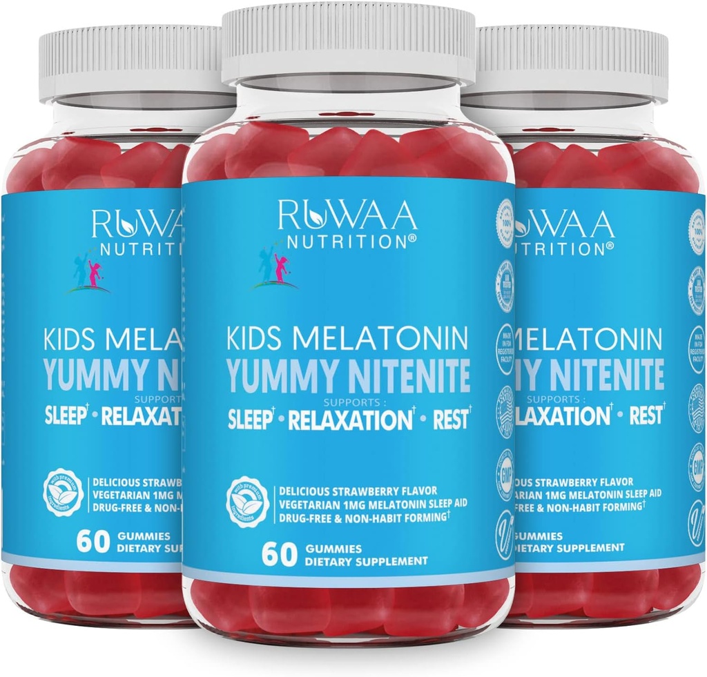Melatonin 1mg Gummies for Kids, Safe, Drug- Free & Effektiv Natural Sleep Aid Supplement til Børn. Kids 1mg Melatonin Gummy, Gluten- Free Vegetar Restful Sleep Products for Age 4 +. 180 ct (3)
