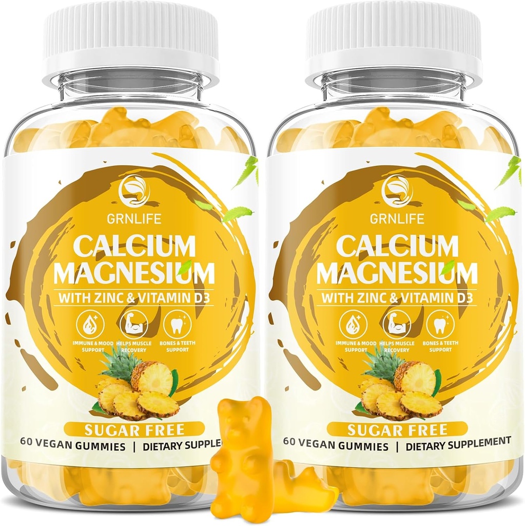 Calcium Magnesium Zinkgummier med D3- vitamin, sukkerfri Calciumgummier til kvinder Mænd, høj potens Magnesium til ben & muskel- og immunsundhed, ananaskarme - 120 Tæl