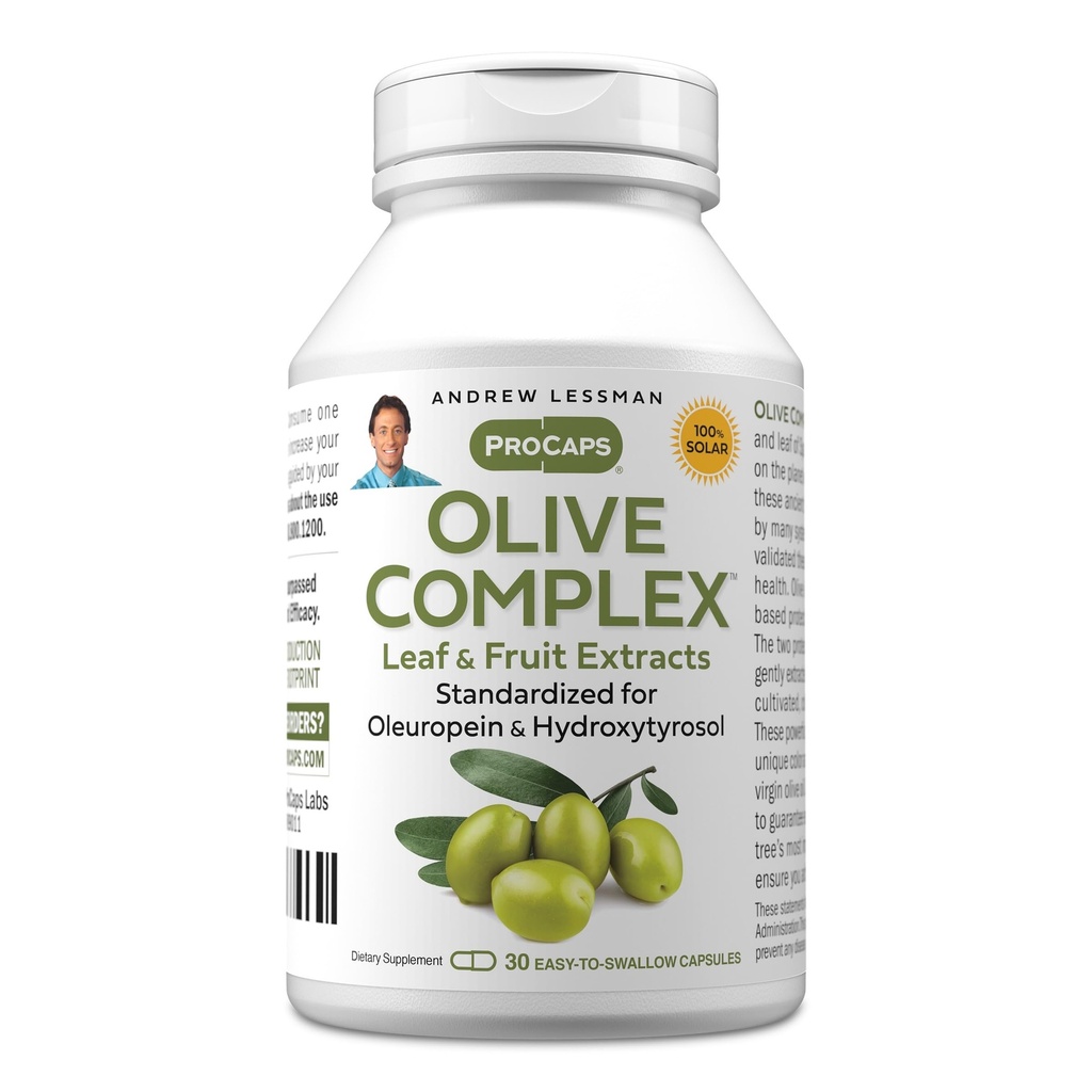 ANDREW LESSMAN Olive Complex - 30 kapsler - blade og frugt ekstrakter. Standardiseret for Oleuropein og Hydroxytyrosol til at understøtte kardiovaskulær og immunforsvar. Lille let at synke kapsler