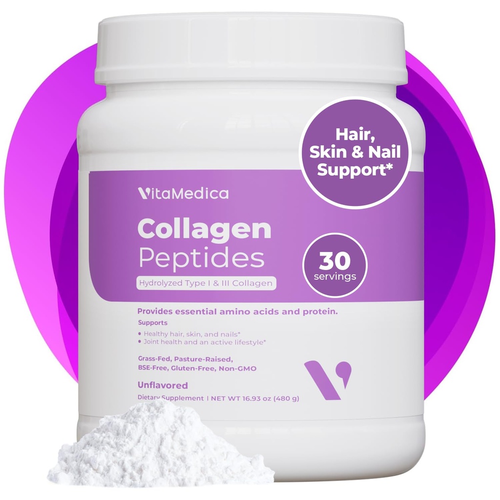 VitaMedica collagen peptider pulver til kvinder & mænd - sundt hår, hud, negle, knogler og joints - Hydrolyserede typer I & III, grassefed, pasture- hævet protein, Zero Sugar - 30 Servere
