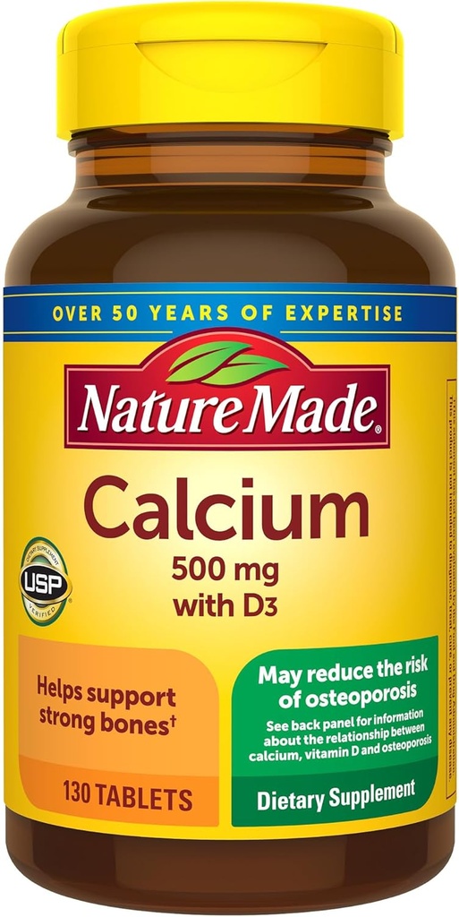 Nature Made Calcium 500 mg med D3- vitamin, Kosttilskud til benstøtte, 130 tabletter