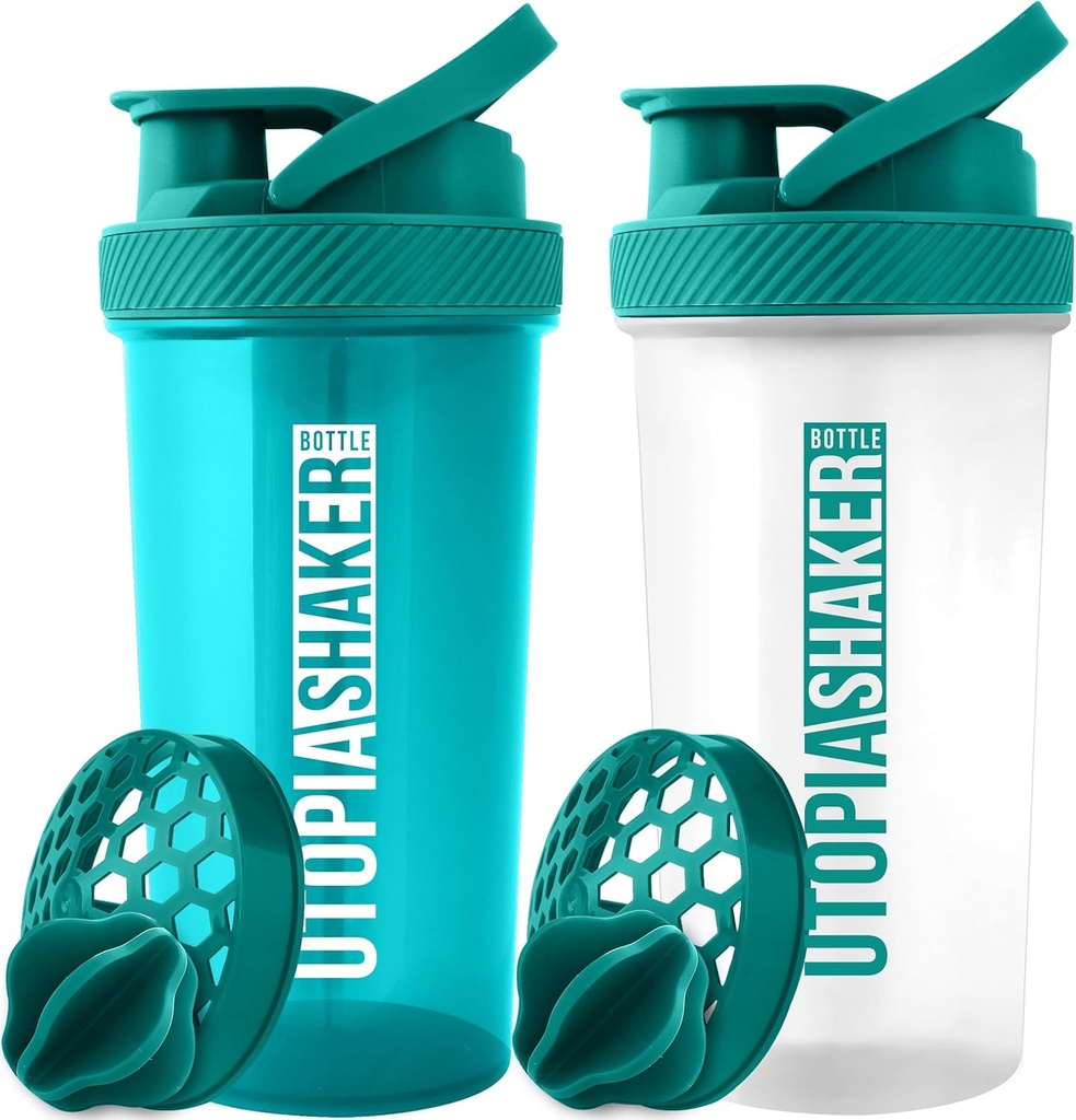 Utopia Home Protein Shaker Flaske - (Pack of 2) 28- Ounce Shaker flasker For Protein Mixes - Fitness Sport Classic Protein Mixer Shaker Flaske (Teal & Clear / Teal)
