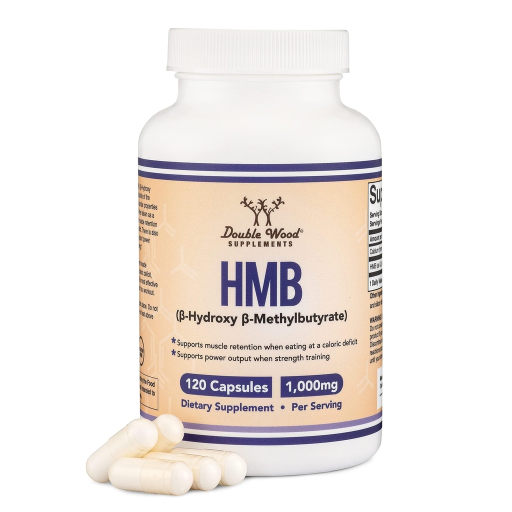 Dobbelt Wood Kosttilskud HMB supplement, tredjepart testet, non-GMO, gluten fri, 120 kapsler, 1000 mg per servering, 500mg per kapsel