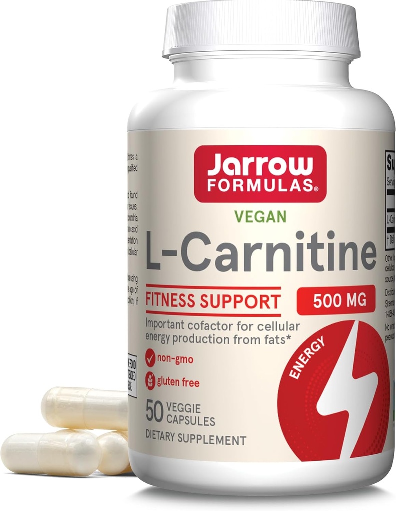 Jarrow Formulas ® L- Carnitin 500 mg, Kosttilskud, Support til cellulær energiproduktion, 50 Veggie kapsler, 50 dages forsyning