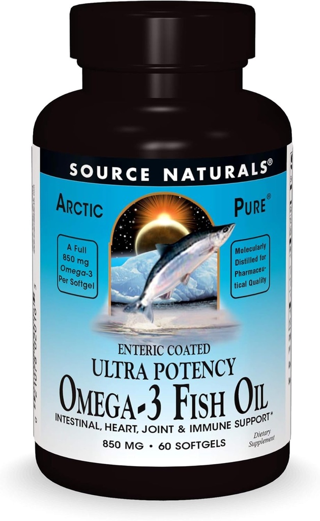 Source Naturals ArcticPure Omega-3 Fish Oil 850mg Ultra Potency EPA + DHA For hjerte, fælles, hjerne og immunforsvar -Enteric coated For sensitive stomachs - 60 Softgels