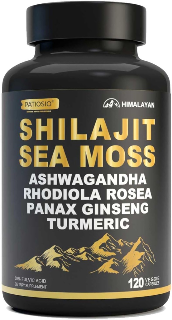 Shilajit kapsler til mænd - 50% Fulvic Acid, 85 + Trace Minerals Pure Himalayan, Shilajit Resin Extract med Sea Moss, Ashwagandha- for Energy, Stamina -120 Kapsler