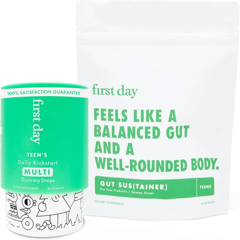 Første dag Teens Daily Multivitamin + Tribiotic Gummies - Vitamin A, D3, B6, B12, C, Pre +, Post +, Probiotika & mere til støtte vækst, hjerne funktion, immunitet, fordøjelse - lavt sukker - 30 dages forsyning