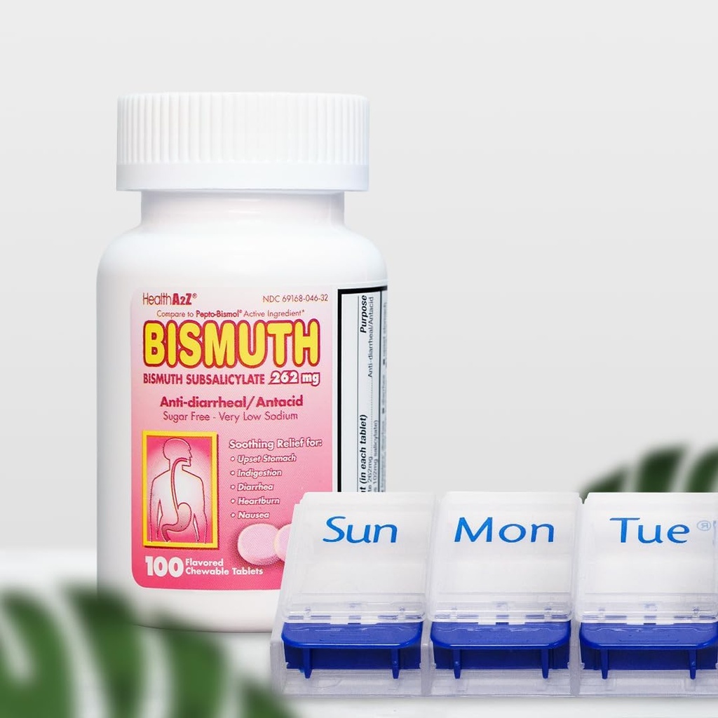 HealthA2Z ® Mega Savings Bundle: Bismuth Subsalicylat 262mg, 100 tyggetabletter & 7- dag XL piller Organizer