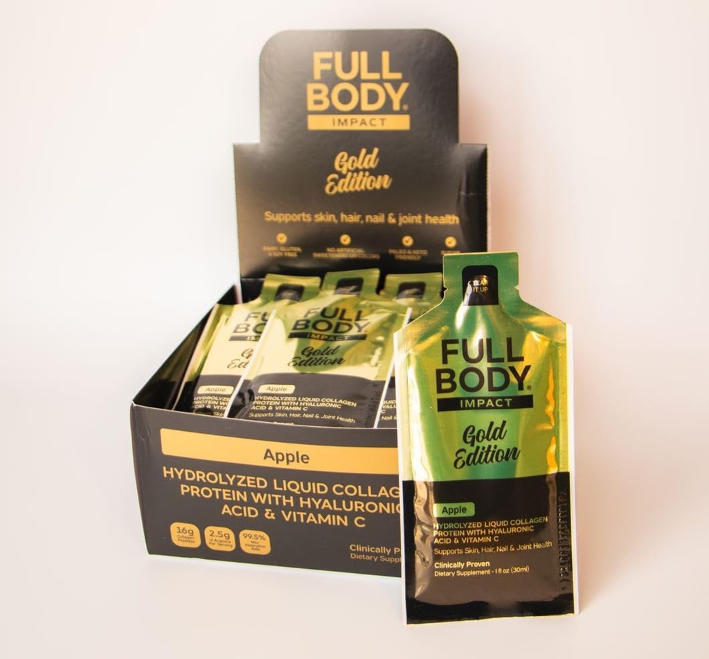 Flydende collagen protein w / Hyaluronsyre & C-vitamin - Gold Edition (Apple), 16,000mg (16g) Hydrolyseret collagen peptider supplement - 1oz Pakninger (boks 24)