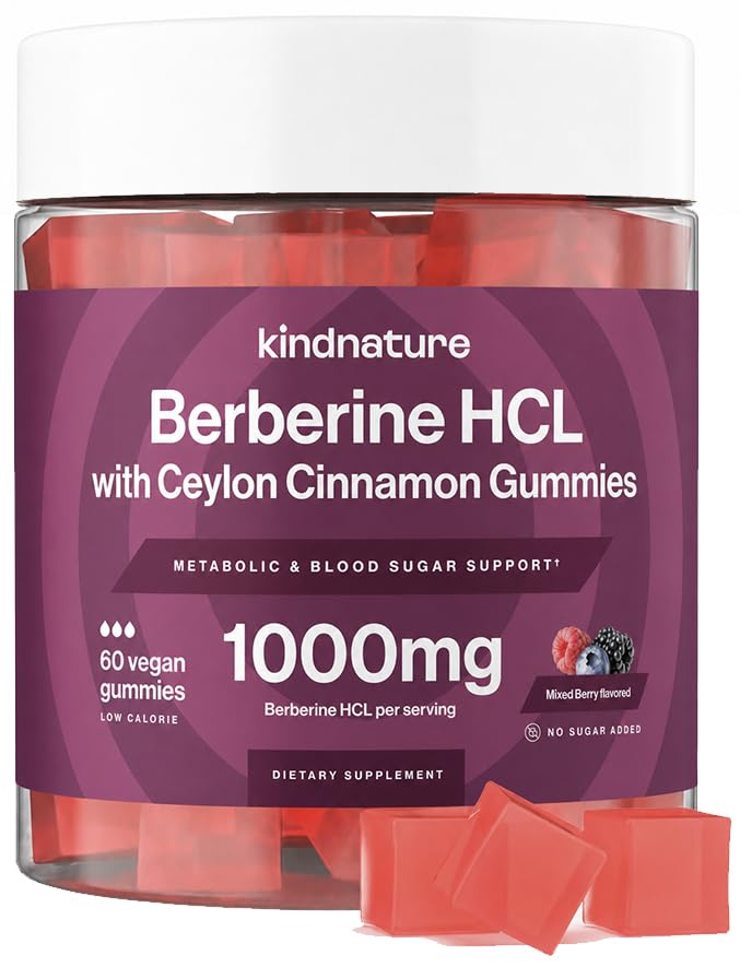 Kindnature Berberine Gummies 1000mg med Ceylon Cinnamon & Resveratrol - Sugar- Free Vegan Supplement for Blood Sugar Support, Metabolisme, Cravings Wellness - Non-GMO, Gluten- Free