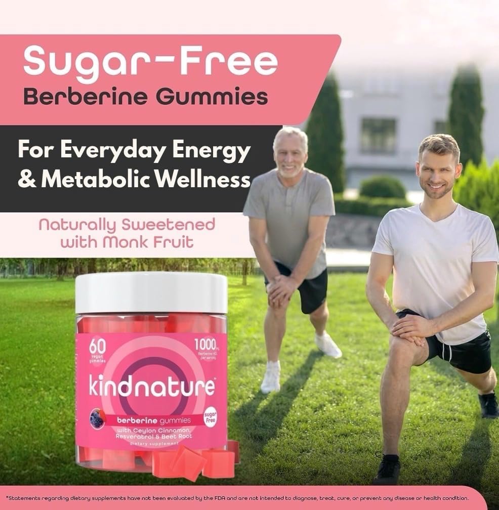 Kindnature Berberine Gummies 1000mg med Ceylon Cinnamon & Resveratrol - Sugar- Free Vegan Supplement for Blood Sugar Support, Metabolisme, Cravings Wellness - Non-GMO, Gluten- Free