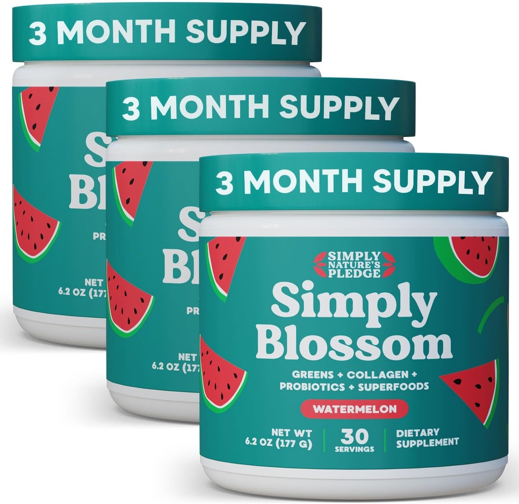 Simply Blossom Nutrition Daily Green & Superfood Powder + Collagen + Probiotika til kvinders fordøjelsesmæssige sundhed & Bloating Relief. Hjælp dit helbred Bloom - 3 måneders levering - Watermelon