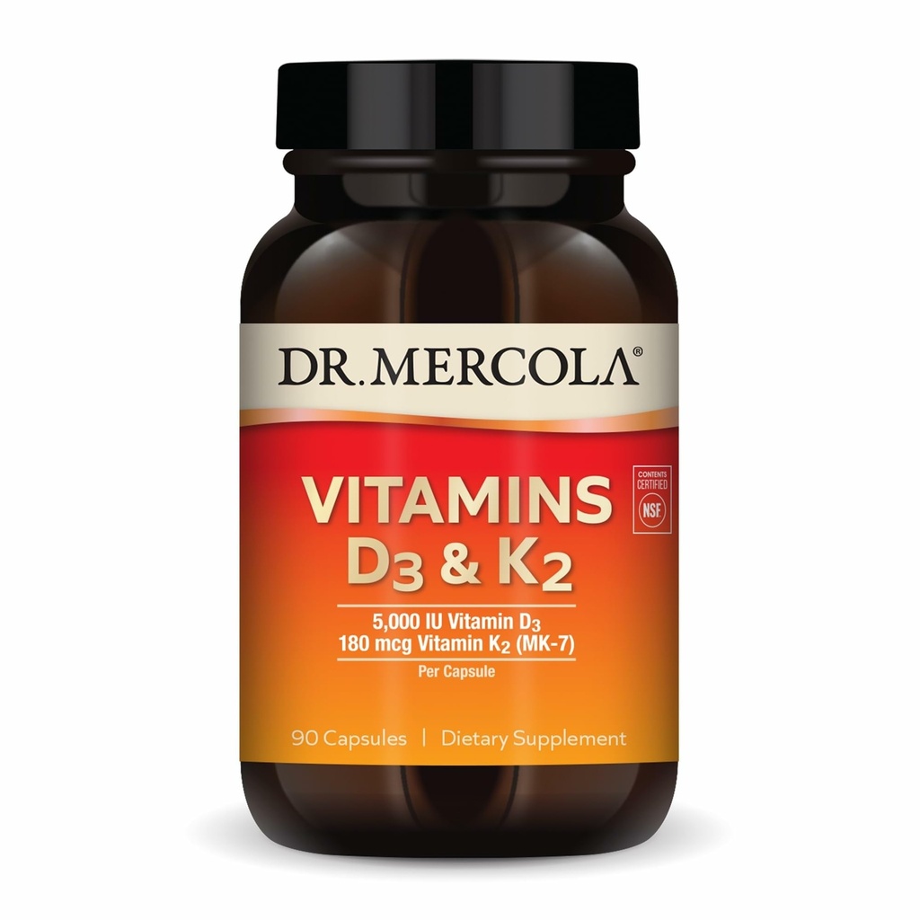 Dr. Mercola Vitaminer D3 & K2 Kosttilskud, 90 Servere (90 Kapsler), Understøtter hjerte sundhed, immunforsvar, ikke GMO, Soy Free, Gluten Free